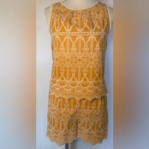 Embroidered mustard yellow Skies are Blue Top and Shorts. Top size S shorts XS